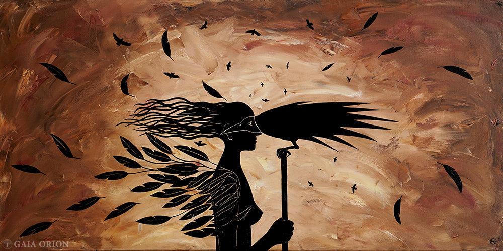 Oneness - Oil on Canvas - silhouette of a woman receiving a message from a raven with flying birds in the background