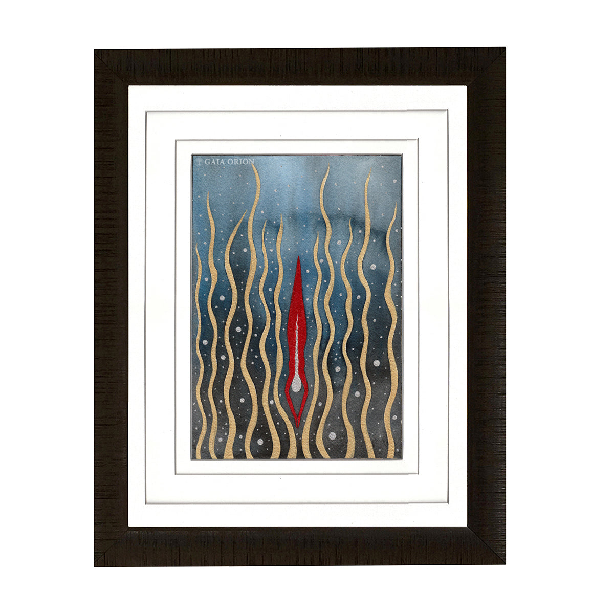 Going Deeper - Watercolour and Gold Acrylic of a woman diving inward through gold waves into dark water.