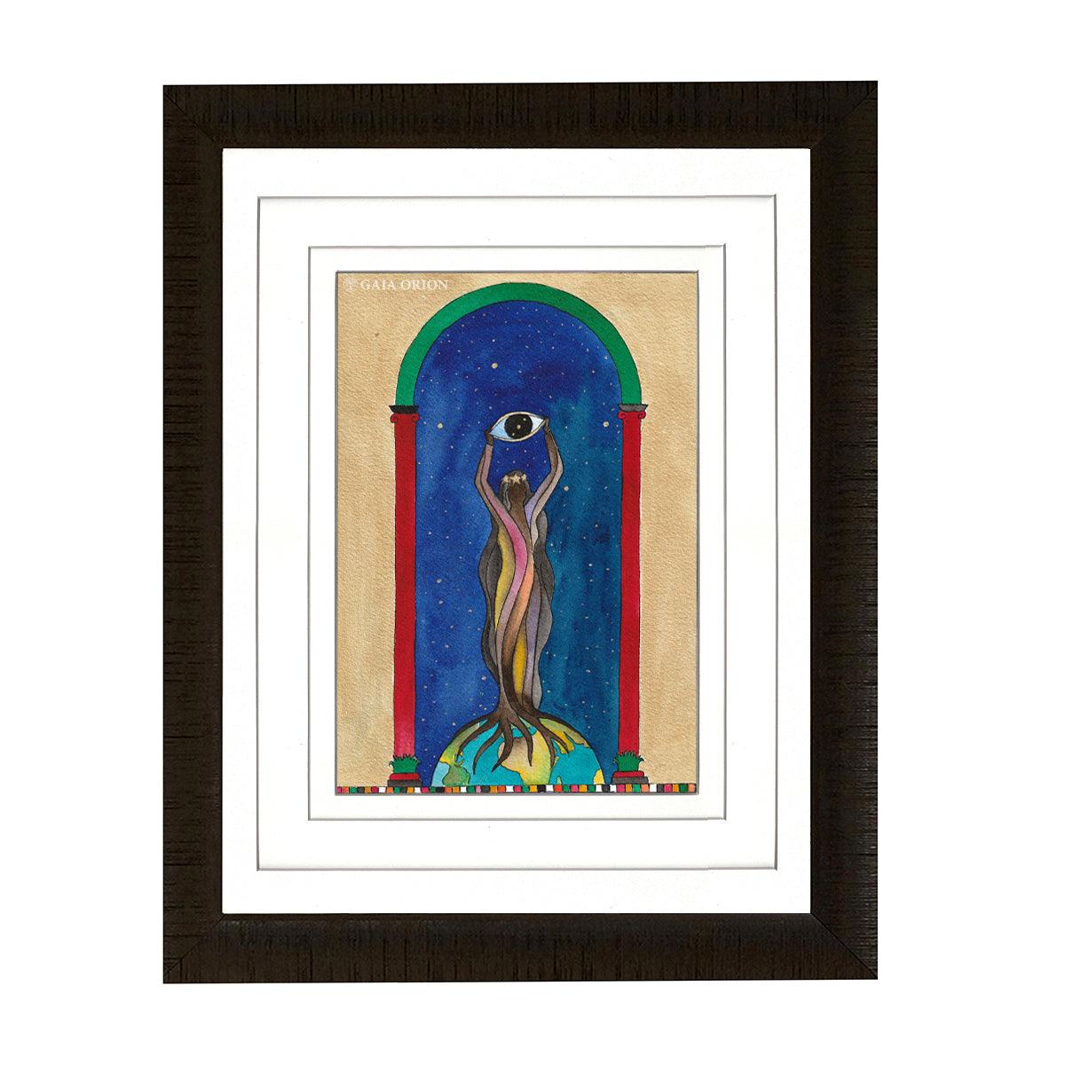 Guided by the Stars - Watercolour and Gold Acrylic painting of a figure holding an eye under a starry sky arch.