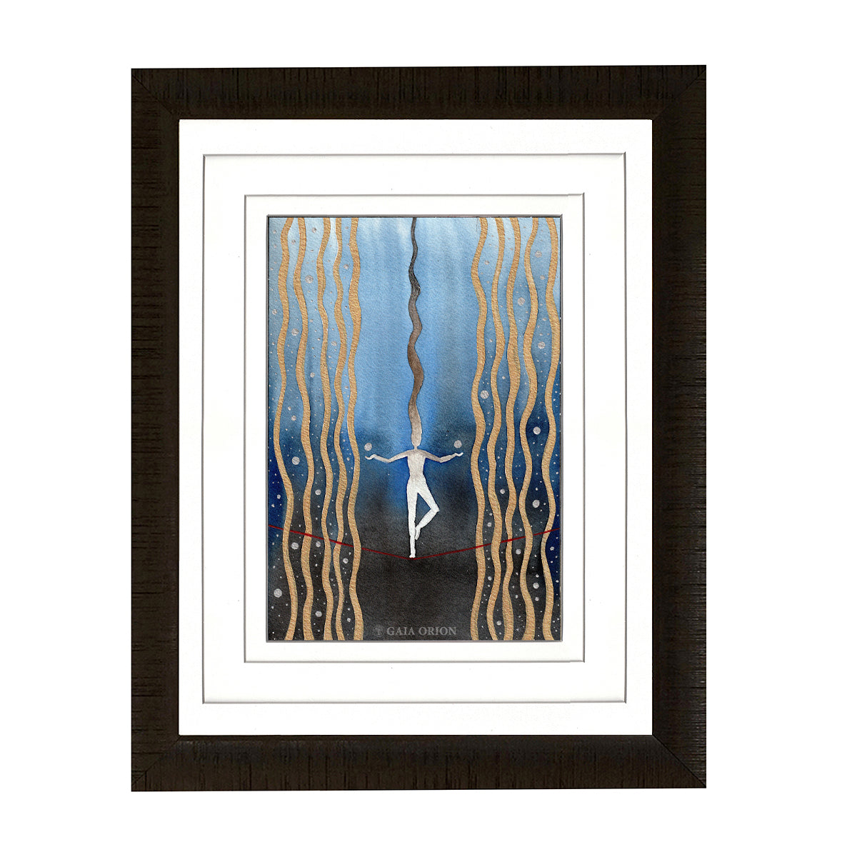 Life is a Balancing Act watercolor and gold acrylic painting of figure balancing on red tightrope 25 x 18 cm