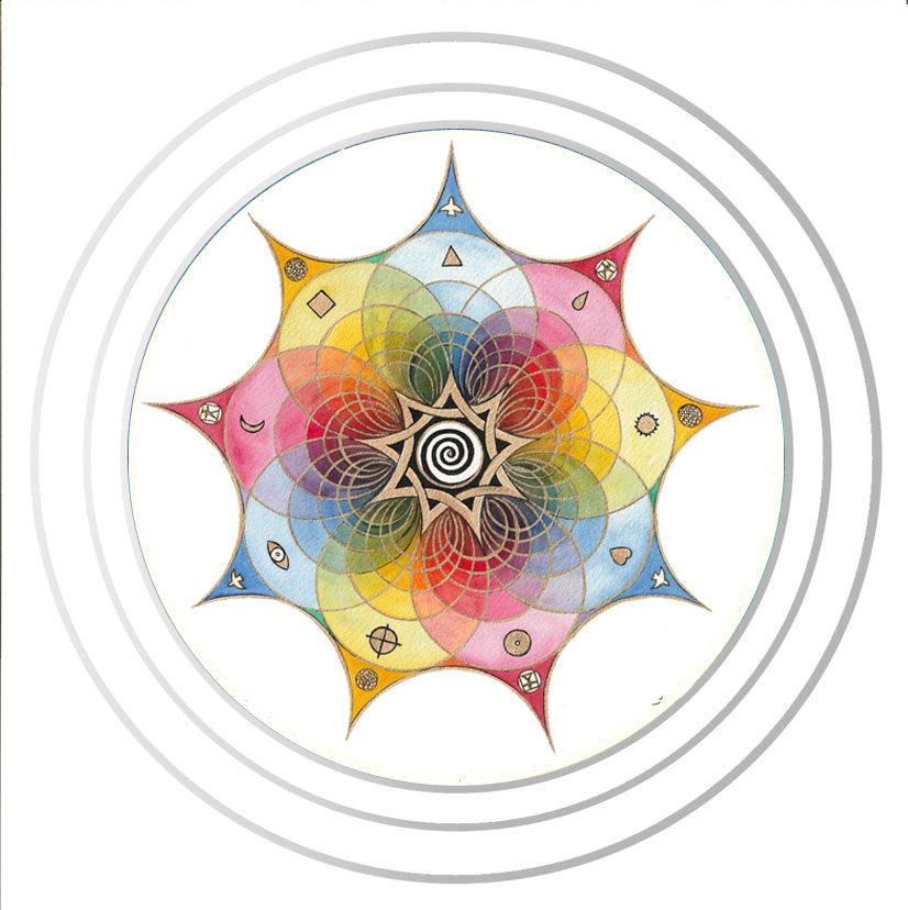 This is a symbolic rainbow mandala image based on the number 9 symbology with circles and spirals