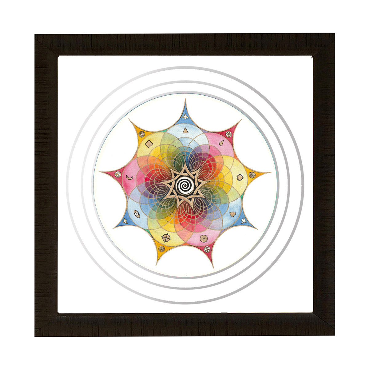 Soulshine - Watercolour 28 x 28 cm featuring a colorful circular geometric design with spiral and gold symbolic elements.