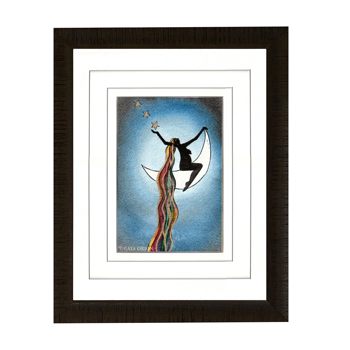 Audacious Dreams - Watercolour 13 x 10 cm of a woman on crescent moon with stars and flowing colorful hair.