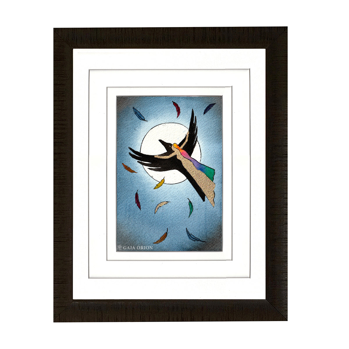 Framed painting of a gold woman riding a raven with feathers flying