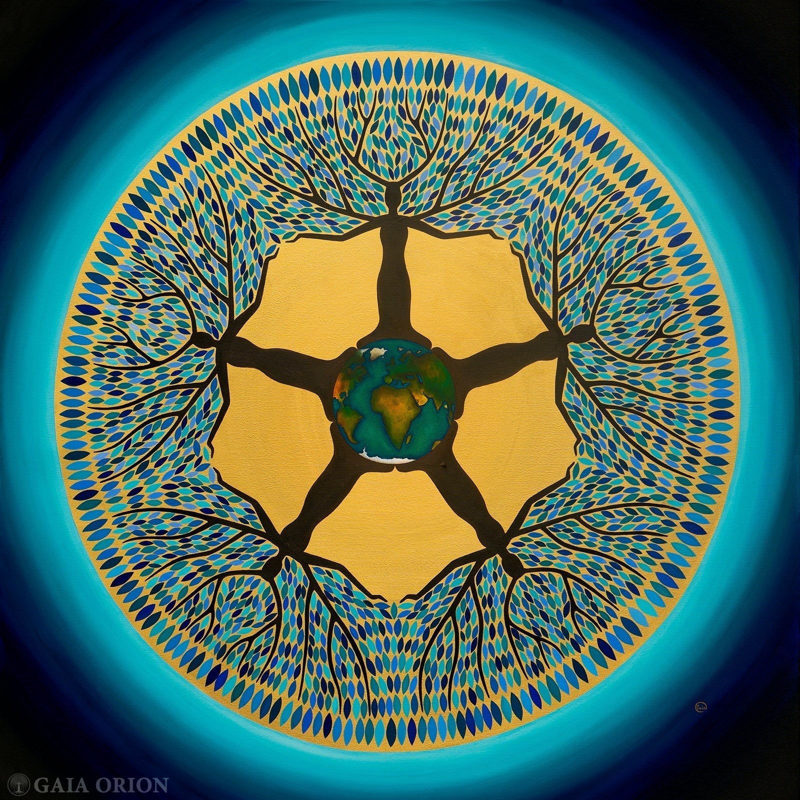 Equilibrium - Oil on Canvas 120x120 cm depicting interconnected human forms and nature around Earth in a circular design.