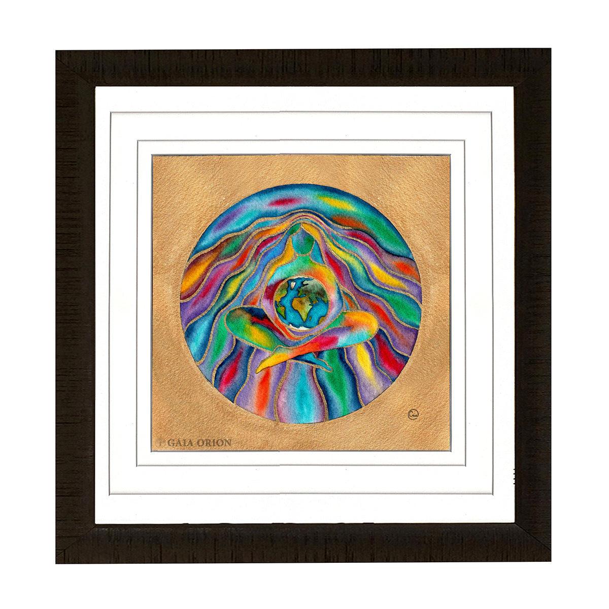 Earth Healing - Watercolour 20 x 20 cm showing a figure holding Earth, surrounded by vibrant, healing universal energy.