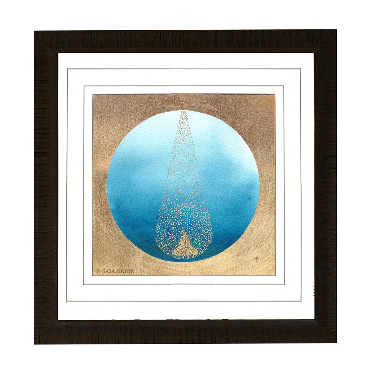 Points of Origin - Watercolour and Gold Acrylic paint 27 x 27 cm meditation art with blue and gold circular design.
