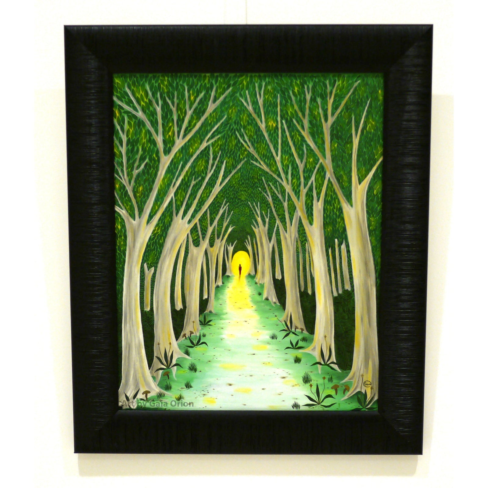 A Meaningful Life oil painting depicting a person walking through a glowing forest path on canvas 50 x 40 cm.