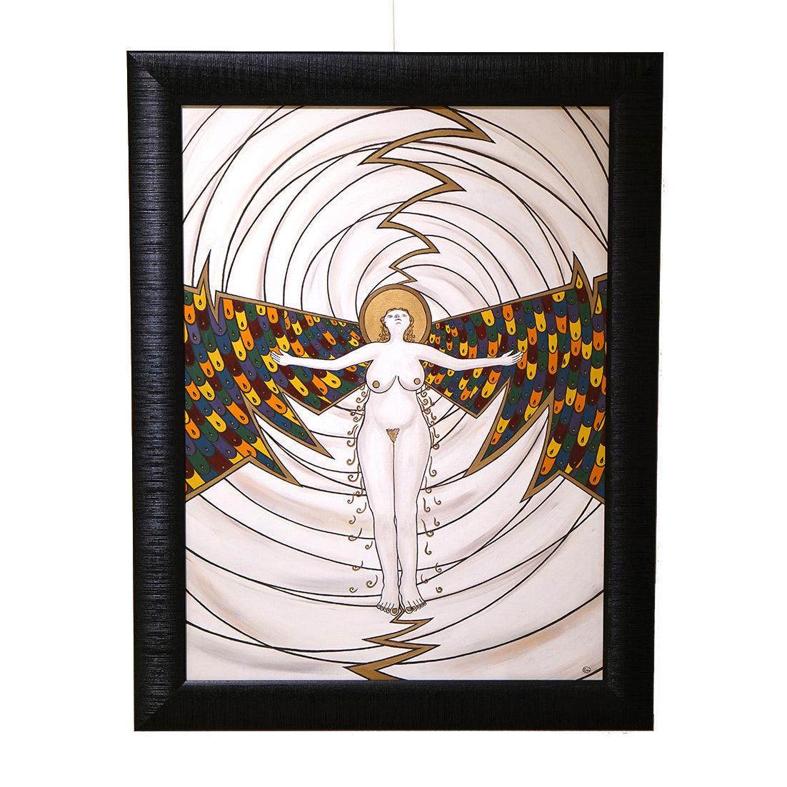 Ascension - Oil on Canvas - 75 x 55 cm depicting a nude female figure with colorful wings and radiant halo ascending.