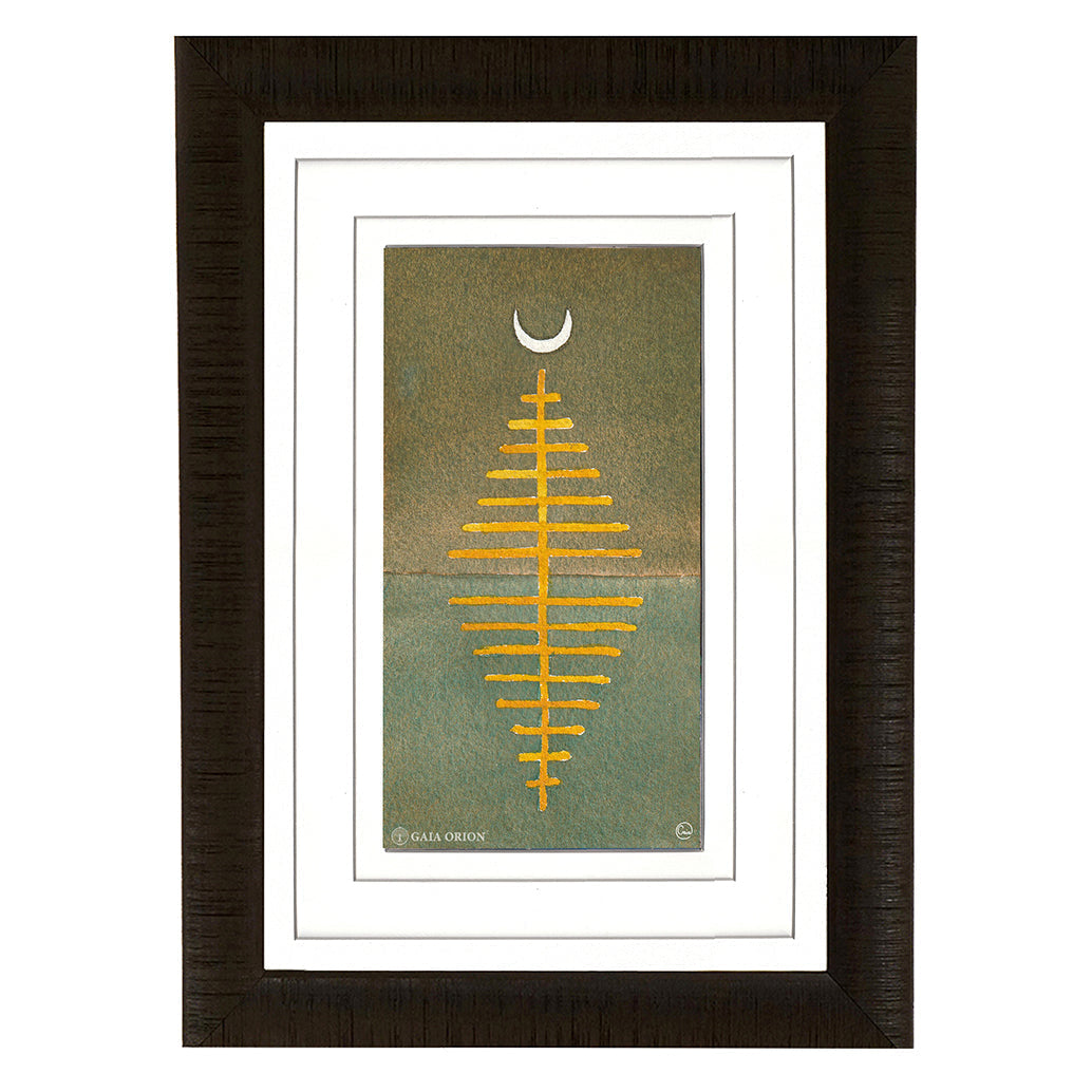 Aspiration - Watercolour 15 x 8 cm features a gold symbolic tree beneath a white crescent on green background.