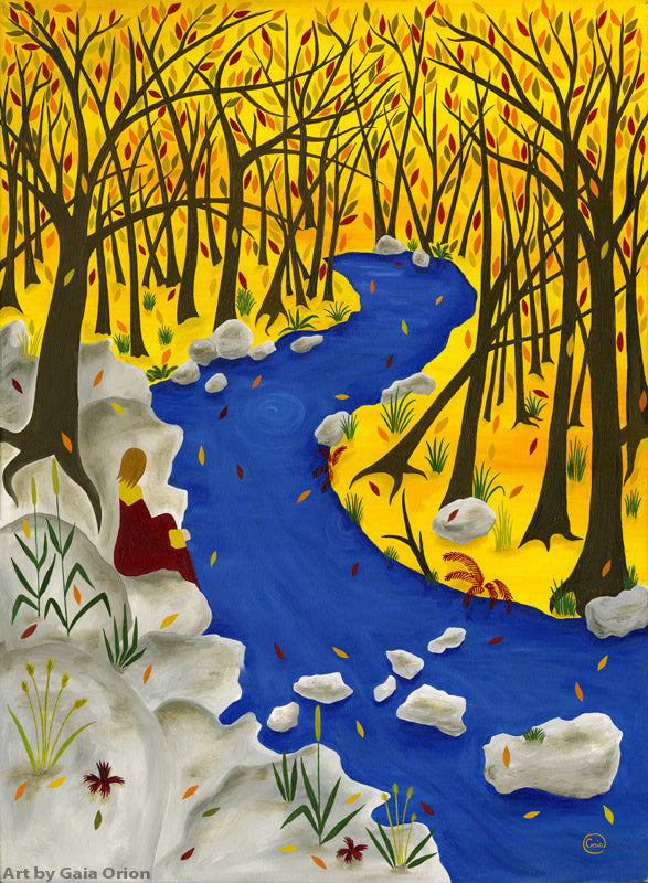 Autumn Reflection Eco Greeting Card showing a person sitting by a river surrounded by autumn trees with yellow leaves.