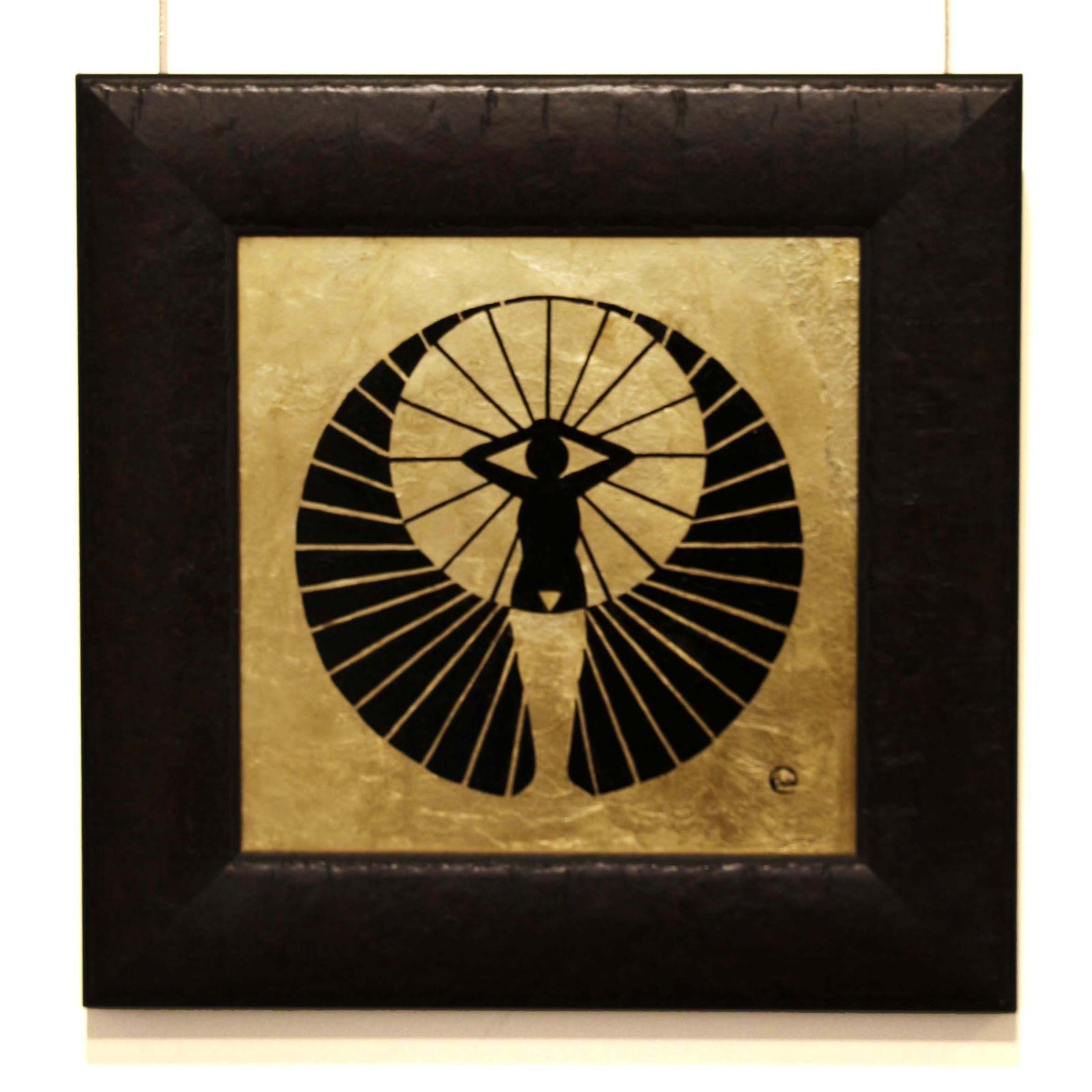 Aware - Oil on Wood 20x20 cm painting featuring a black abstract figure with radiating lines on a gold background.