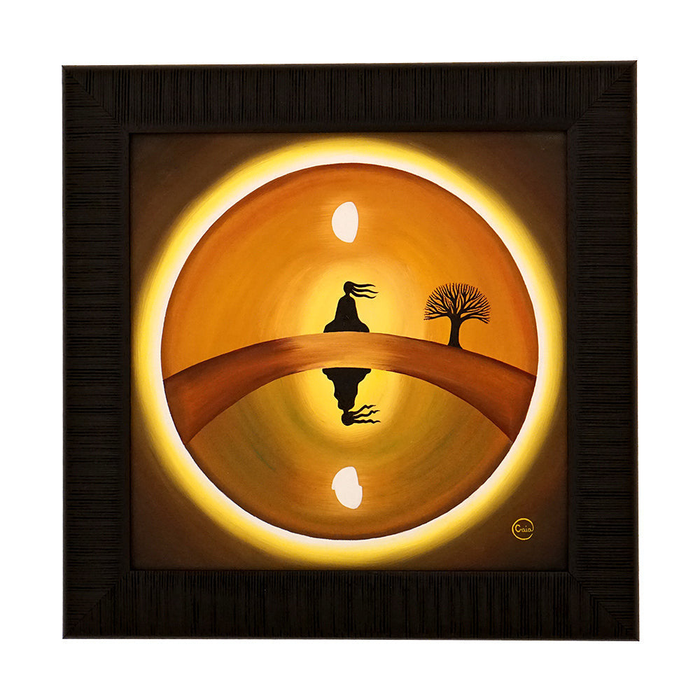 Awakening - Oil on Canvas - 30 x 30 cm showing a meditative figure and tree reflected in water under a glowing sky.