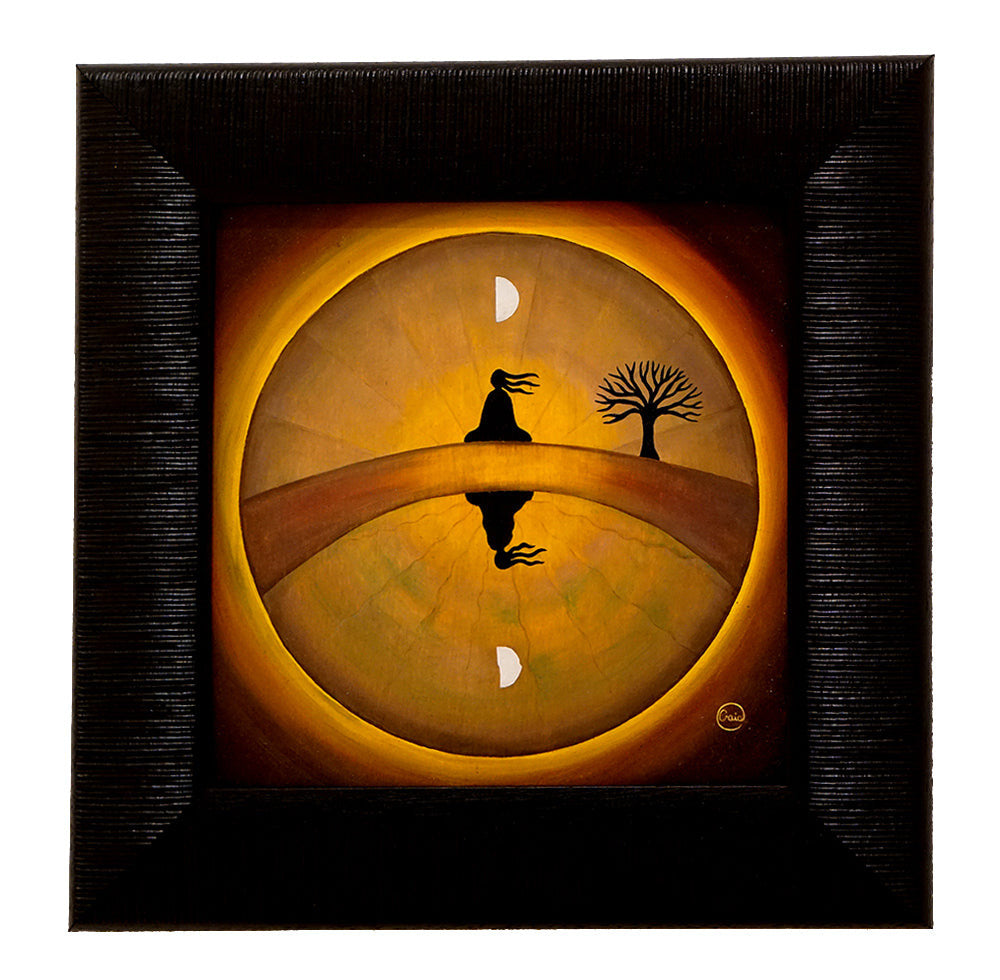 Awakening - Oil on Wood- 20 x 20 cm painting of a meditative figure and tree under moonlight with reflection.