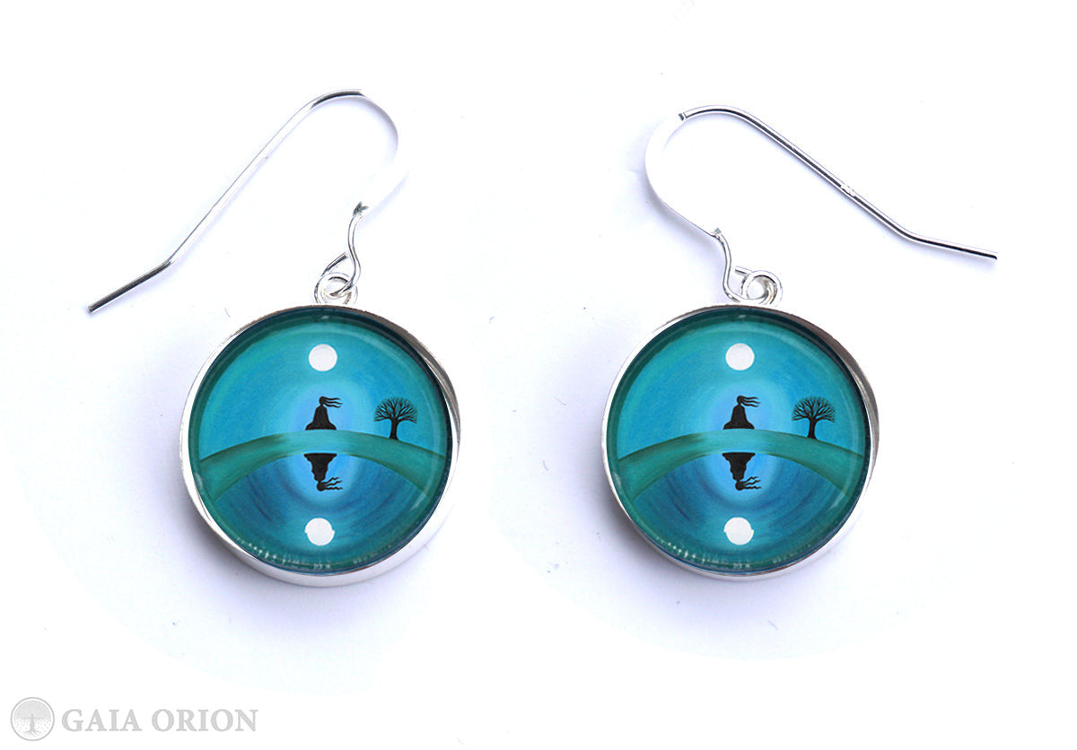 At Peace Earrings featuring mini art prints on sterling silver medallions with glass dome, handmade, anti-allergic, 18 mm diameter.