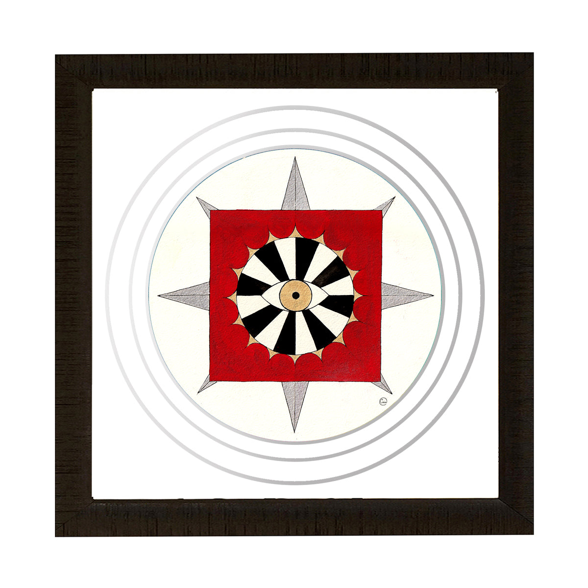 Soul Compass - Watercolour, Gouache and Gold Acrylic Paint featuring an eye within a black and white circle on a red background.