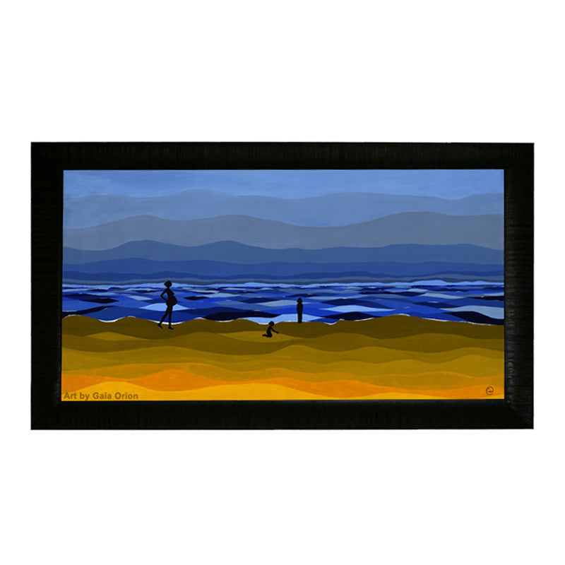 Blessings - Oil on Canvas - silhouettes of a pregnant woman and two children by layered blue and yellow waves.