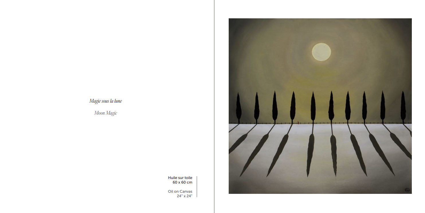 Page spread from the art book Artwork is called Moon Magic Cypress trees under the full moon in the winter