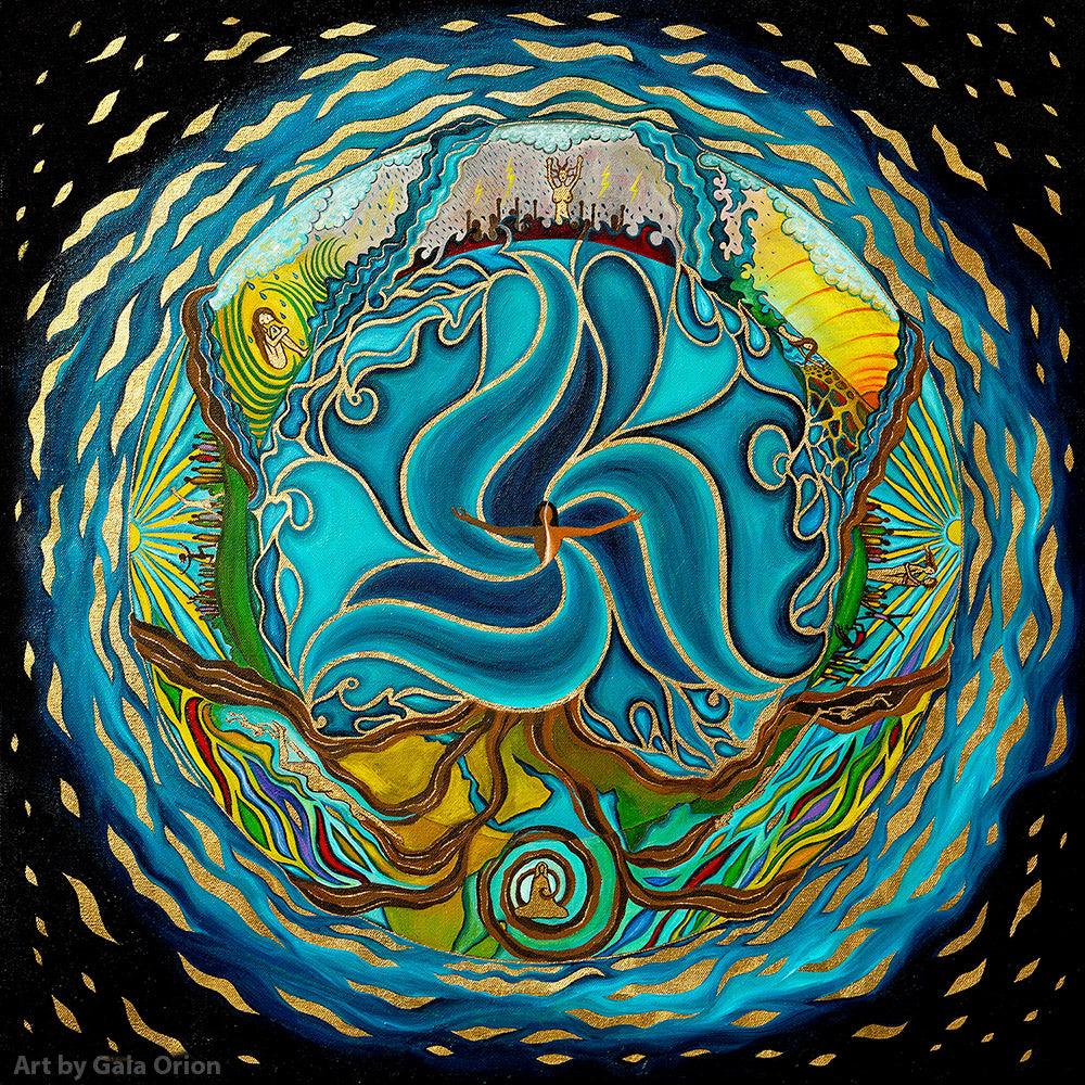 Breaking the Ocean - Oil on Canvas - 60x60 cm, abstract circular waves and cosmic interconnectedness artwork.