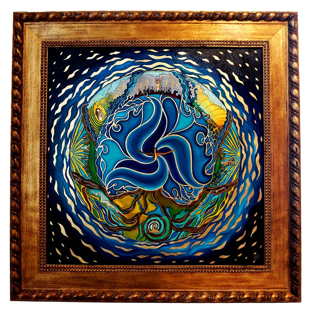 Breaking the Ocean - Oil on Canvas - 60x60 cm, abstract circular waves and cosmic interconnectedness artwork.