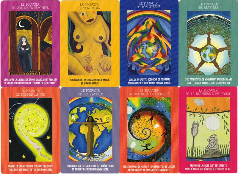 La Voix Sacré du Corps Oracles Cards box with colorful circular earth and feminine figure illustration on yellow background.