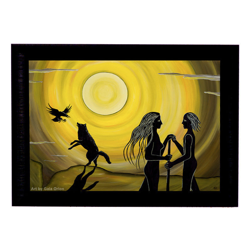 Commitment - Oil on Canvas - 55 x 75 cm showing a wild couple sharing a walking stick under a large yellow sun.