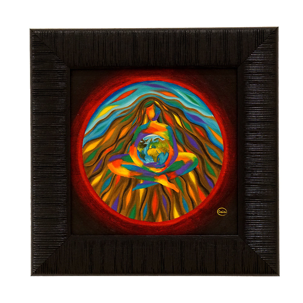 Creative Flow - Oil on Wood - 20 x 20 cm vibrant painting of a figure holding Earth with flowing colorful hair.