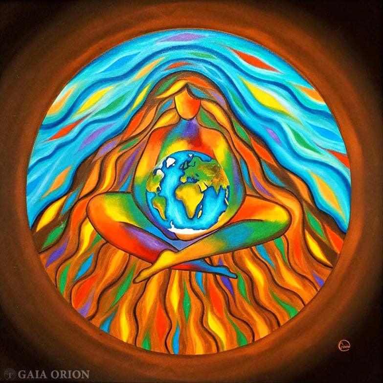 Earth Healing - Oil on Canvas showing a vibrant figure holding the Earth surrounded by colorful flowing patterns.