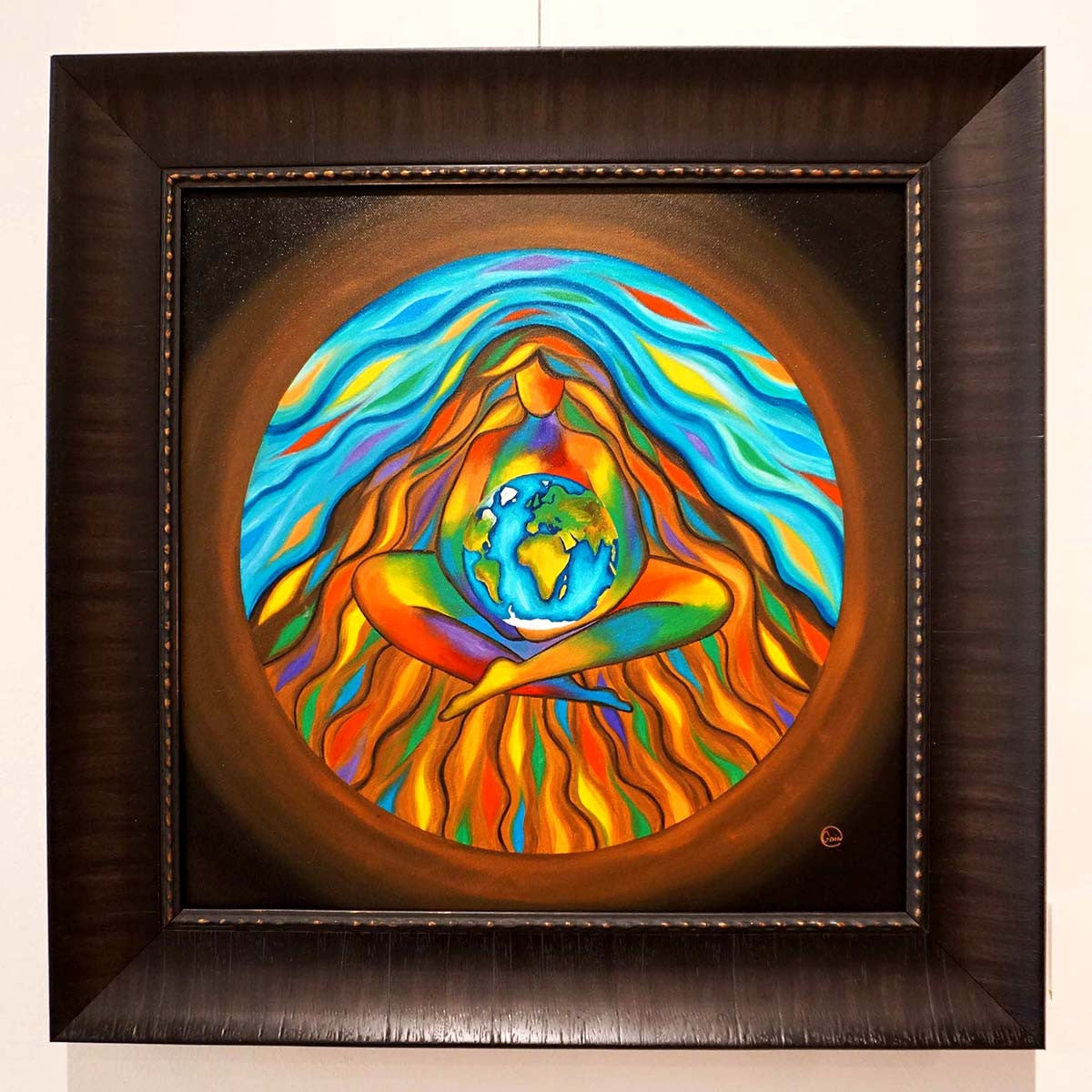 Earth Healing - Oil on Canvas showing a vibrant figure holding the Earth surrounded by colorful flowing patterns.