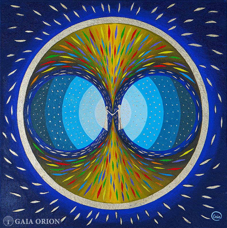 Soulmates - Oil on Canvas - 30 x 30 cm features two abstract figures connecting in vibrant, swirling colors within a circular design.
