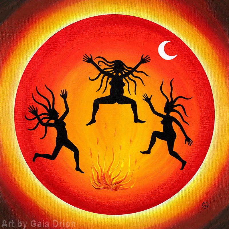 Dancing Wild - Oil on Canvas depicts three silhouetted women dancing joyfully around a fire under a crescent moon.