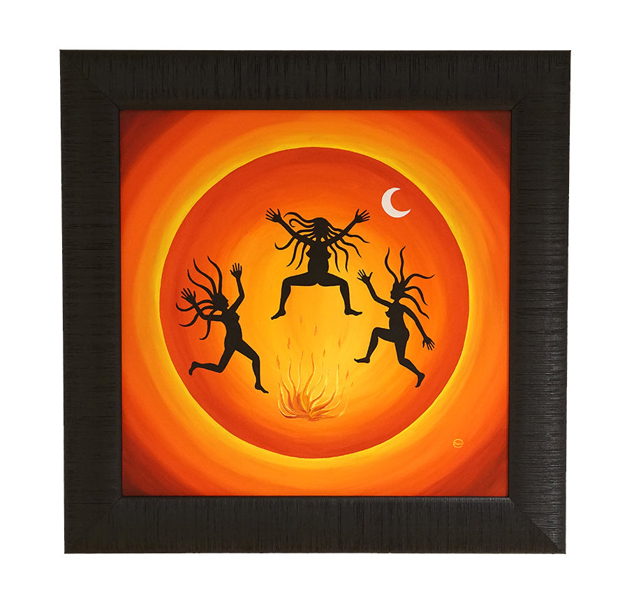 Dancing Wild - Oil on Canvas depicts three silhouetted women dancing joyfully around a fire under a crescent moon.