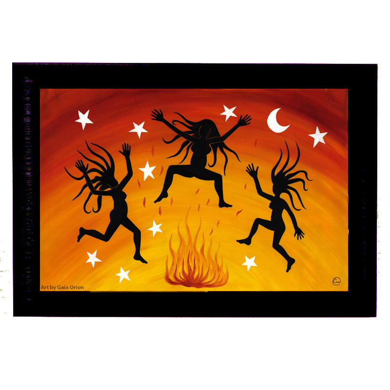 Dancing Wild - Oil on Canvas - 60 x 90 cm showing two silhouetted women dancing joyfully against an orange sky.