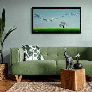A painting of a tree with falling leaves a person under the tree looking at floating leaves and bird murmurations