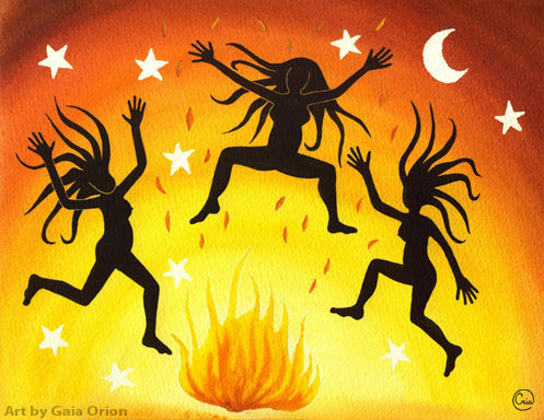 Dancing Wild Eco Greeting Card shows silhouettes of women joyfully dancing around a fire under stars and a crescent moon.