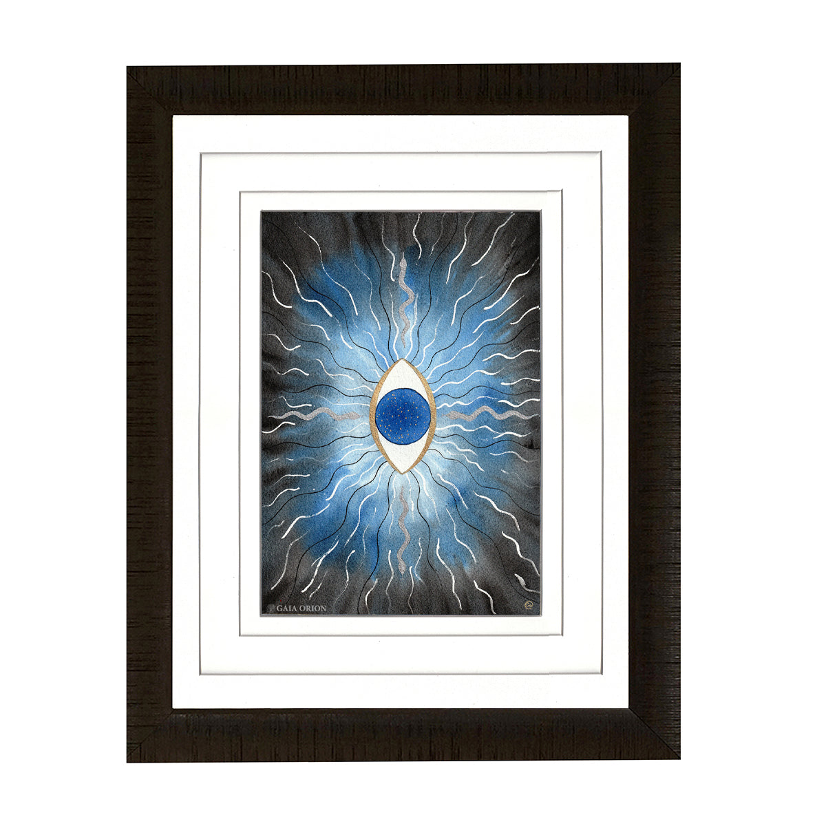 The Door of the Mind watercolor and gold acrylic artwork featuring a blue eye with radiating lines.
