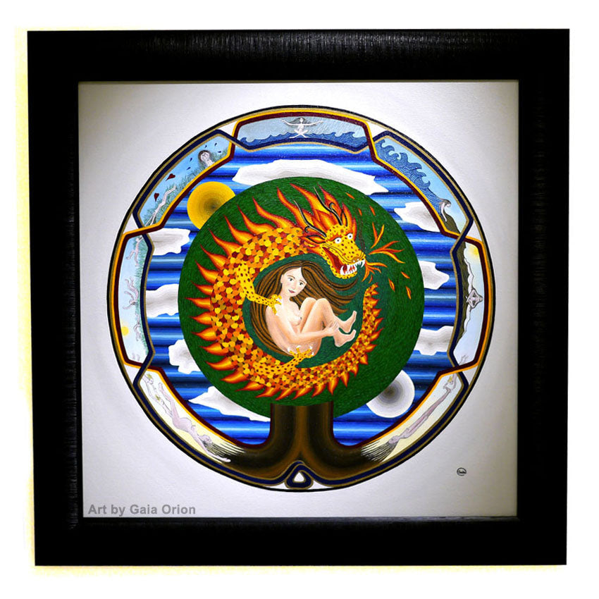 Befriending Your Dragon - oil on canvas showing a girl embraced by a golden dragon inside a green circle.