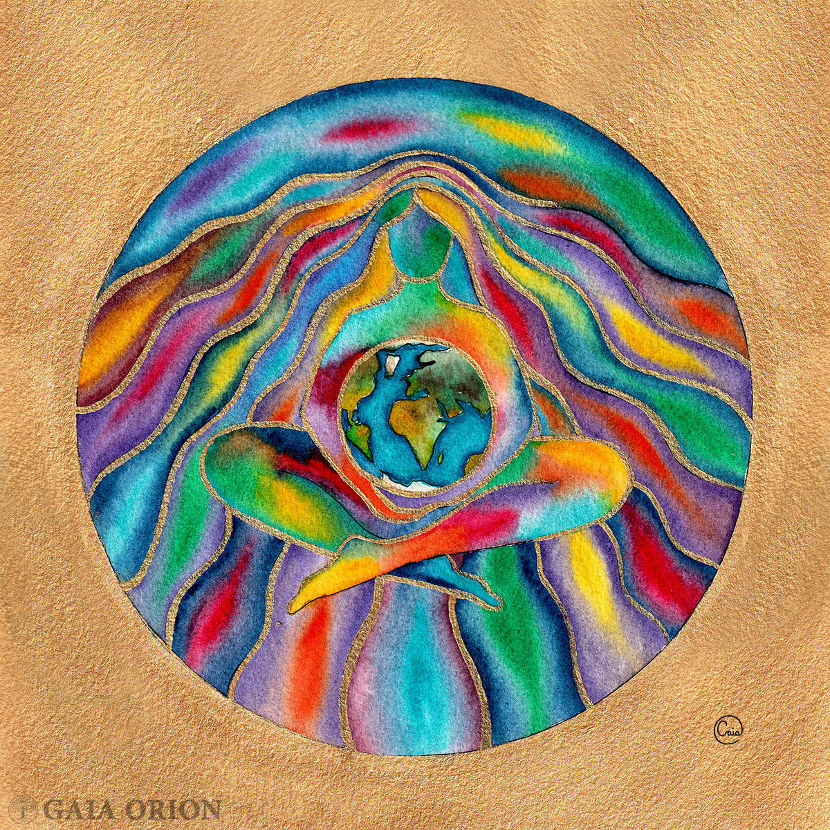 Earth Healing - Watercolour 20 x 20 cm showing a figure holding Earth, surrounded by vibrant, healing universal energy.
