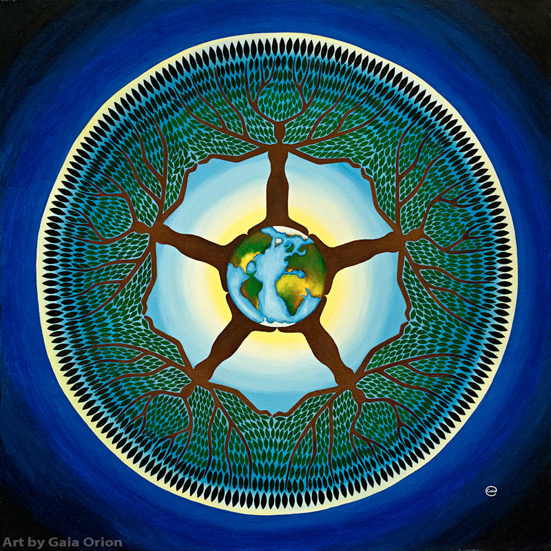 Equilibrium Eco Greeting Card showing Earth with interconnected tree branches forming a circular pattern of harmony and nature.