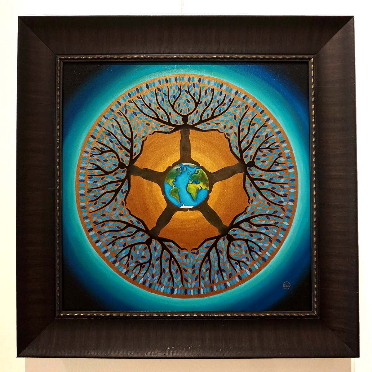 Equilibrium - Oil on Canvas - 45 x 45 cm showing earth encircled by human figures and tree branches in harmony.