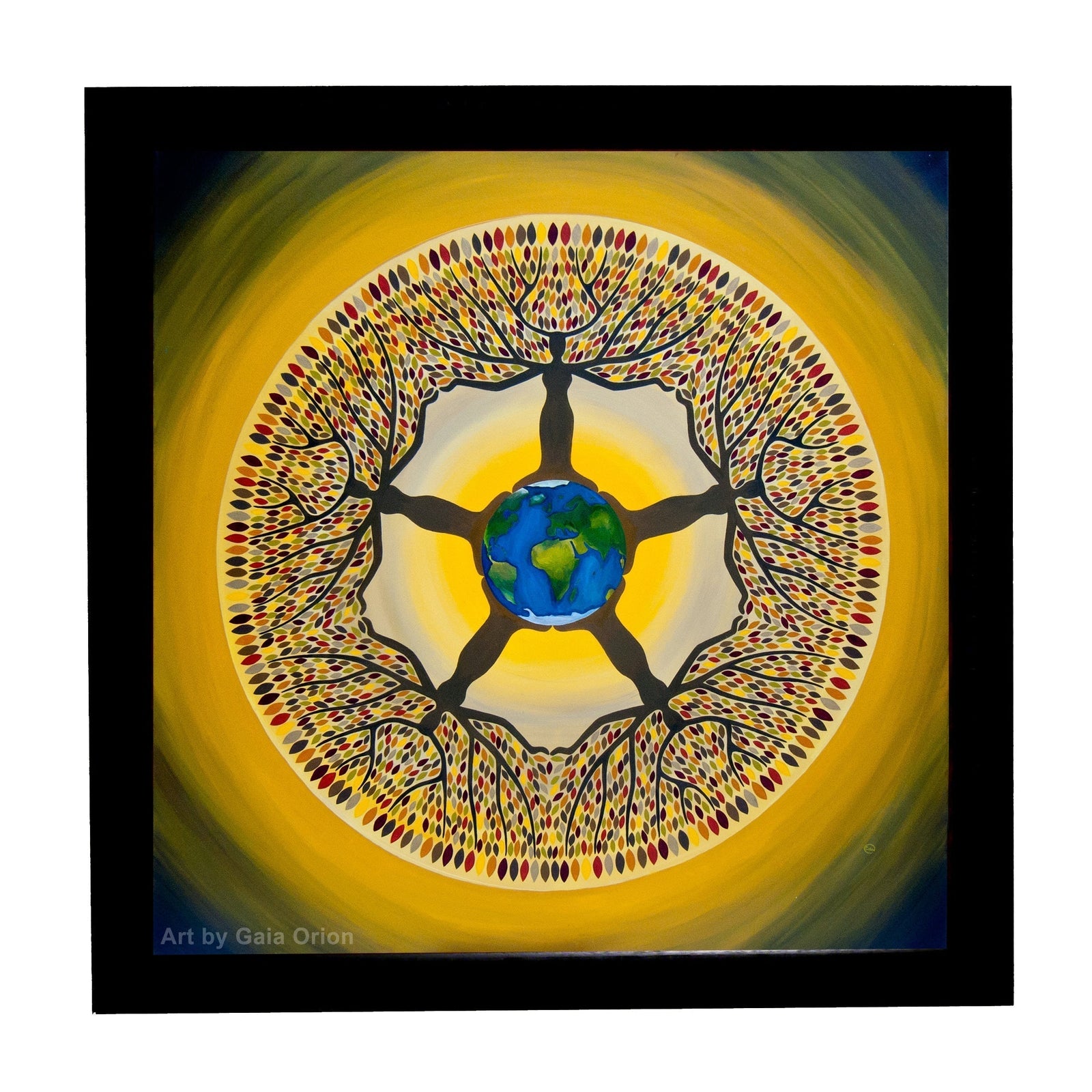 Equilibrium - Oil on Canvas - 90 x 90 cm, painting of human figures with tree branches surrounding Earth in a circular harmony design.