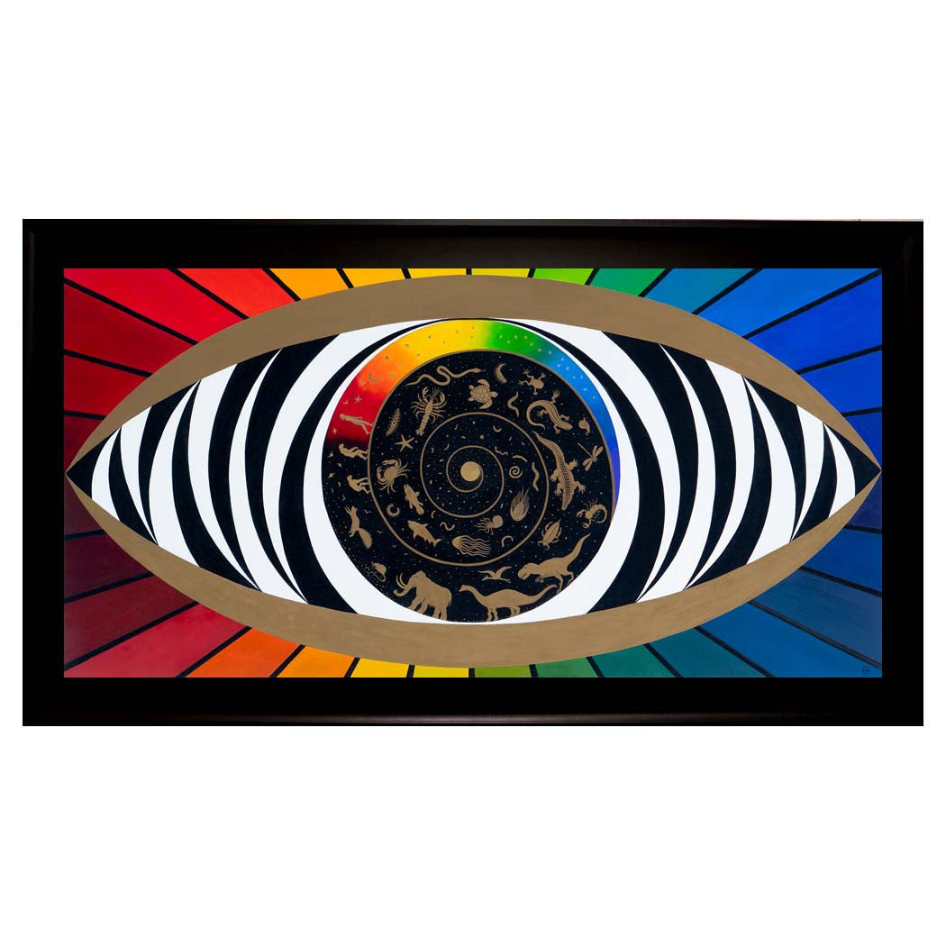 Evolution of Consciousness - Oil on Canvas - 90 x 180 cm depicting a cosmic spiral with animals and stars in vibrant colors.