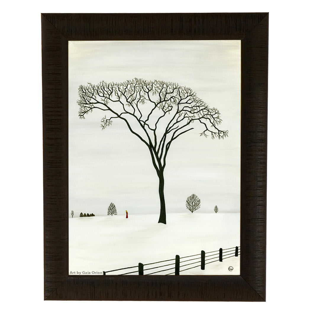 Favourite Tree - Oil on Canvas - 60 x 45 cm painting of a leafless majestic elm tree in winter landscape with a small figure in red.