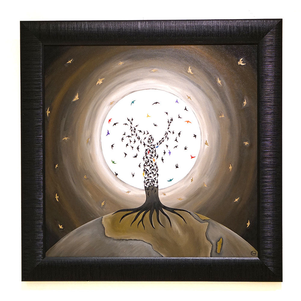 Flight of the Soul - Oil on Canvas - 60 x 60 cm depicting a tree dissolving into flying birds against a glowing moon.