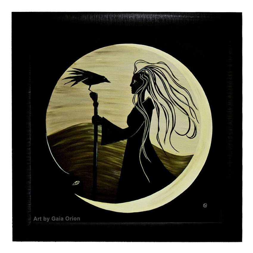 The Foretelling - Oil on Canvas depicts a woman with flowing hair holding a staff with a bird in a circular frame.