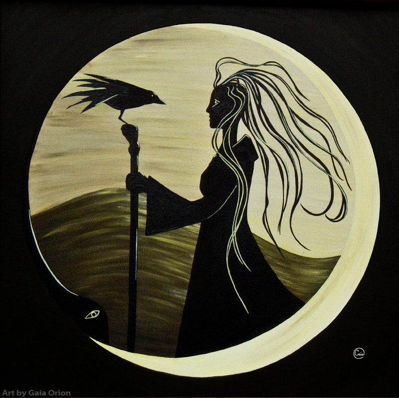 The Foretelling - Oil on Canvas depicts a woman with flowing hair holding a staff with a bird in a circular frame.