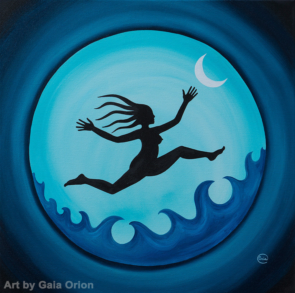 I am Free! - Oil on Canvas - silhouette of a woman leaping joyfully against a blue moon and waves background.