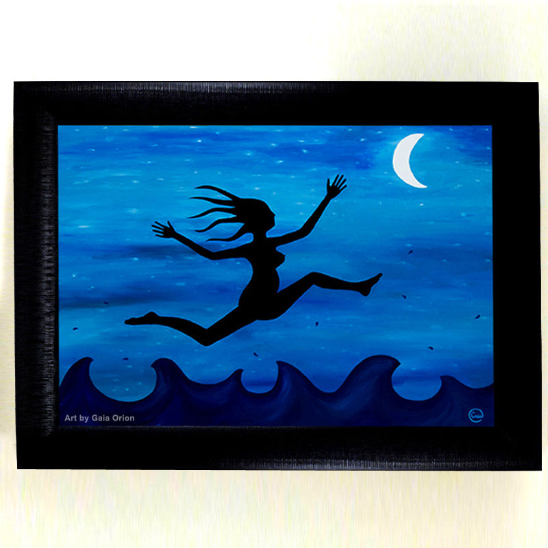 I am Free! - Acrylic on Canvas shows a silhouette of a joyful woman leaping over waves beneath a crescent moon.