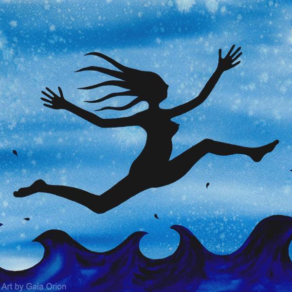 I Feel Free! - Canvas print of a silhouette leaping over waves against a vibrant blue sky background.