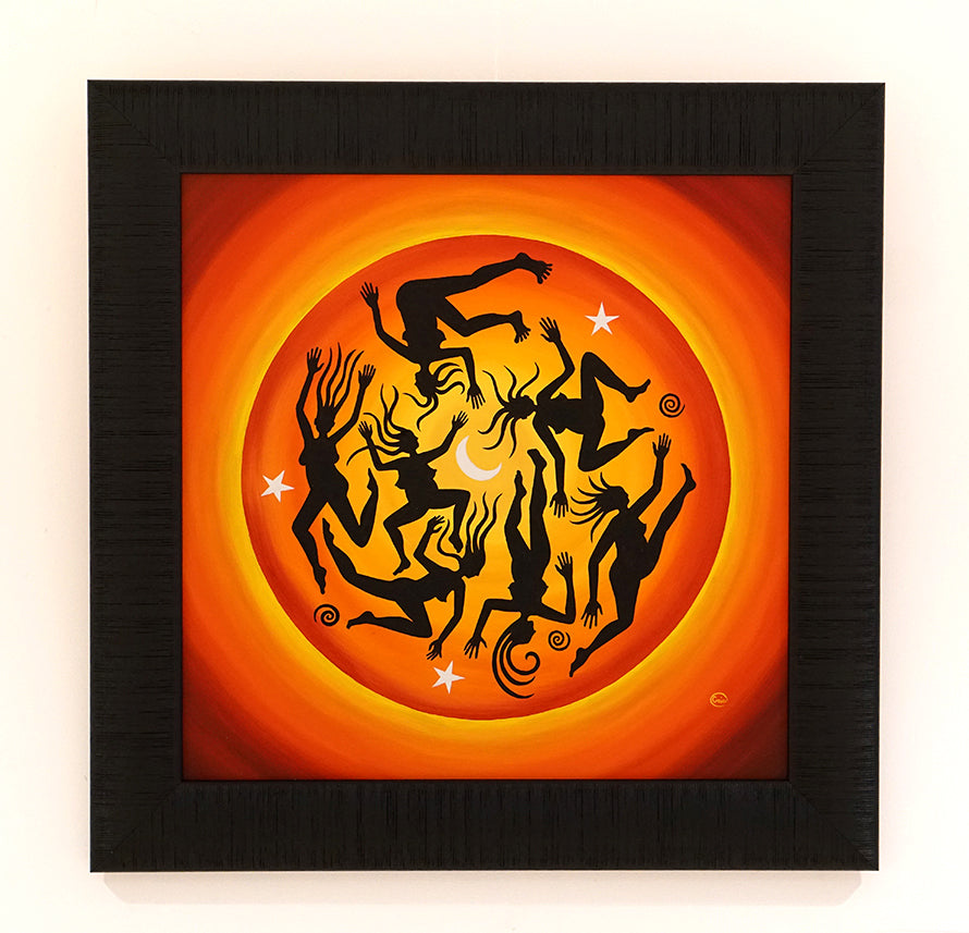Free Spirit Dance - Oil on Canvas 45x45 cm showing black silhouettes dancing against a fiery red and orange background.
